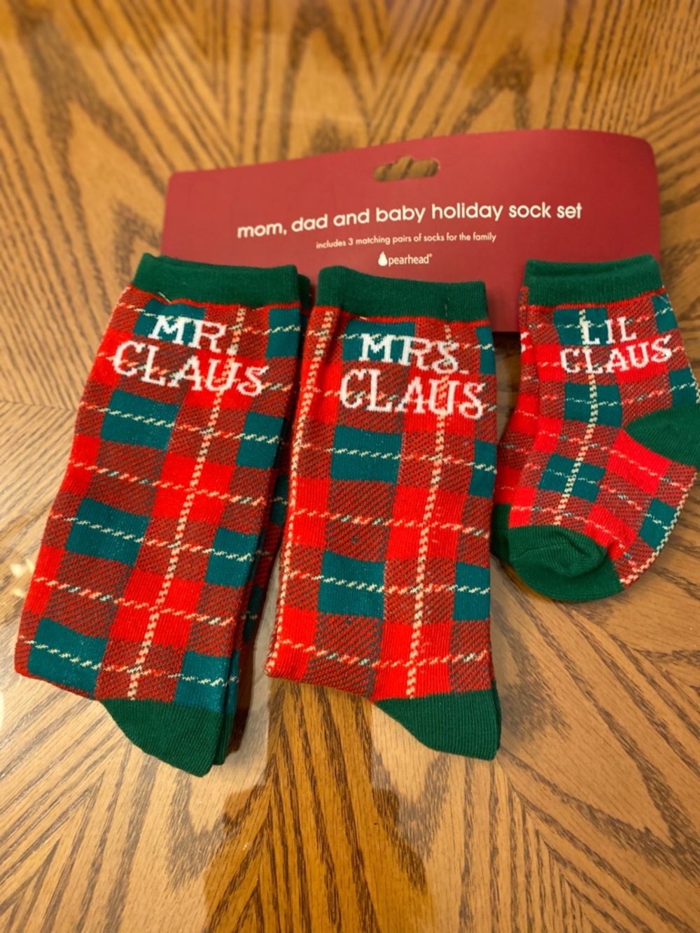 Pearhead Red & Green Plaid Family Holiday Sock Set - Mr., Mrs., Lil' Claus